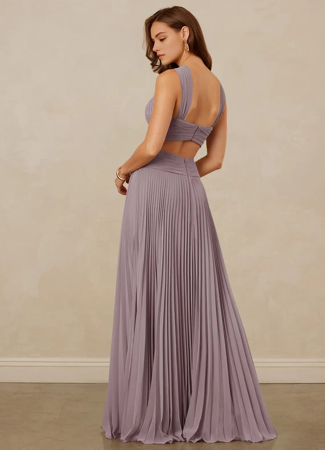 Lilac Pleated Halter Neck Cutout Evening Gown A-Line Pleated Chiffon Dress Bridesmaid Dresses