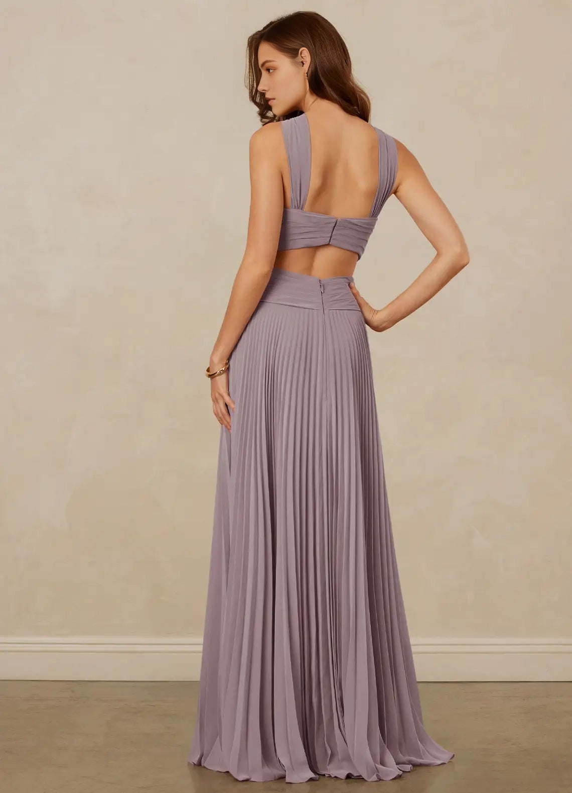 Lilac Pleated Halter Neck Cutout Evening Gown A-Line Pleated Chiffon Dress Bridesmaid Dresses