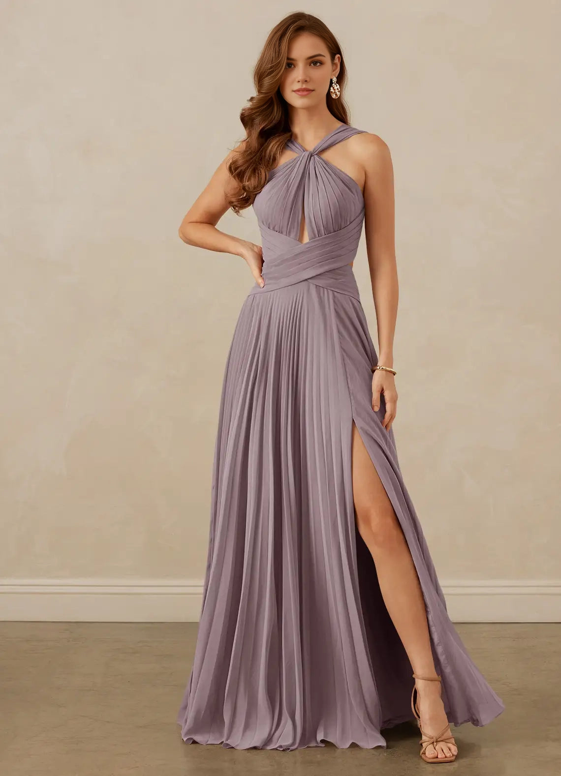 Lilac Pleated Halter Neck Cutout Evening Gown A-Line Pleated Chiffon Dress Bridesmaid Dresses