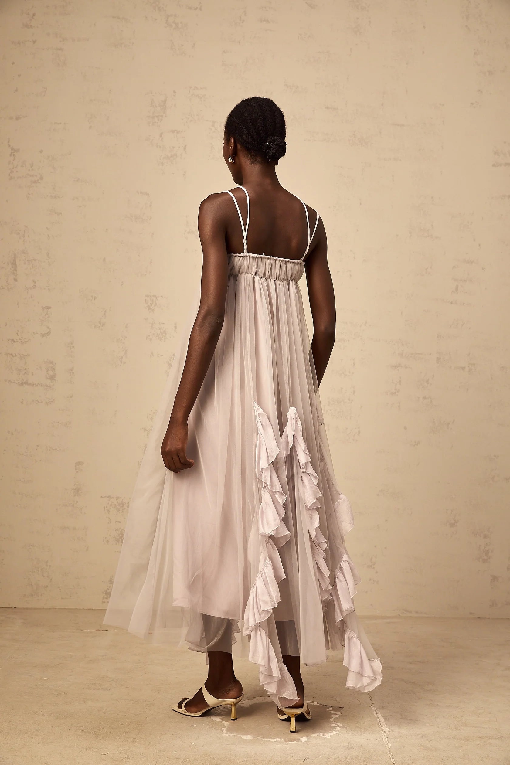 Lilac Tulle Ruffled Maxi Dress with Criss - Cross Straps layered ruffled tulle maxi dress in Purple Evening Dress