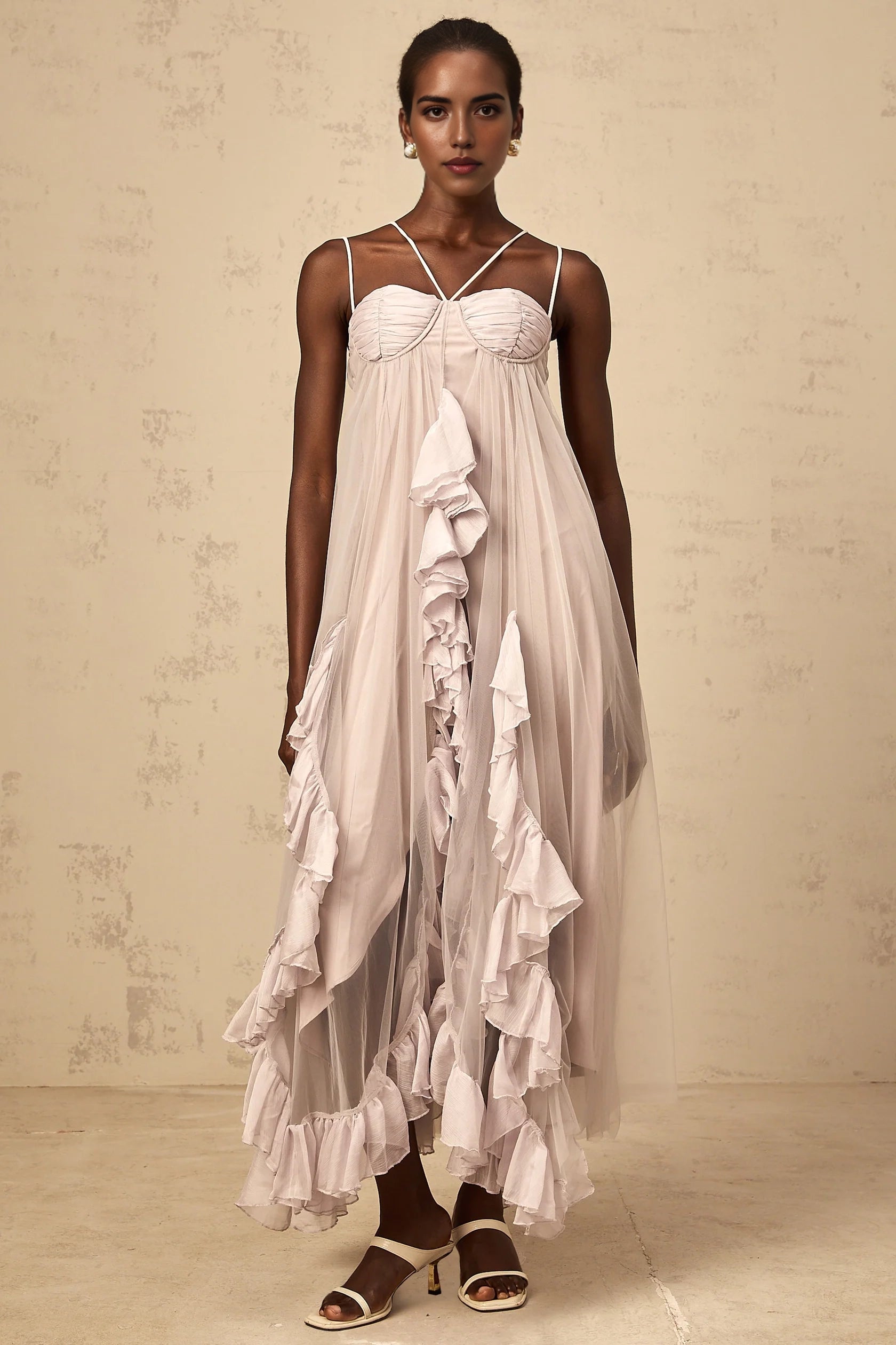 Lilac Tulle Ruffled Maxi Dress with Criss - Cross Straps layered ruffled tulle maxi dress in Purple Evening Dress