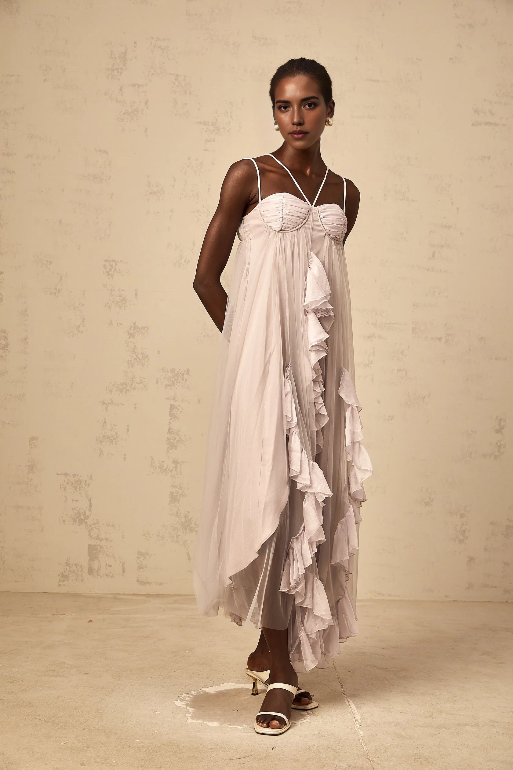 Lilac Tulle Ruffled Maxi Dress with Criss - Cross Straps layered ruffled tulle maxi dress in Purple Evening Dress