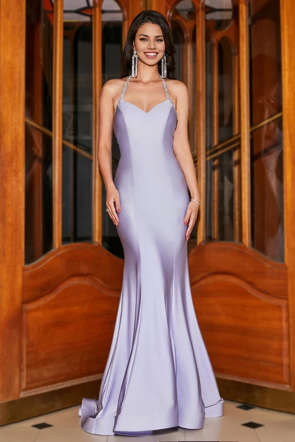 Lilac Mermaid Halter Neck Backless Long Prom Dress simple gentle atmospheric and unique desi
