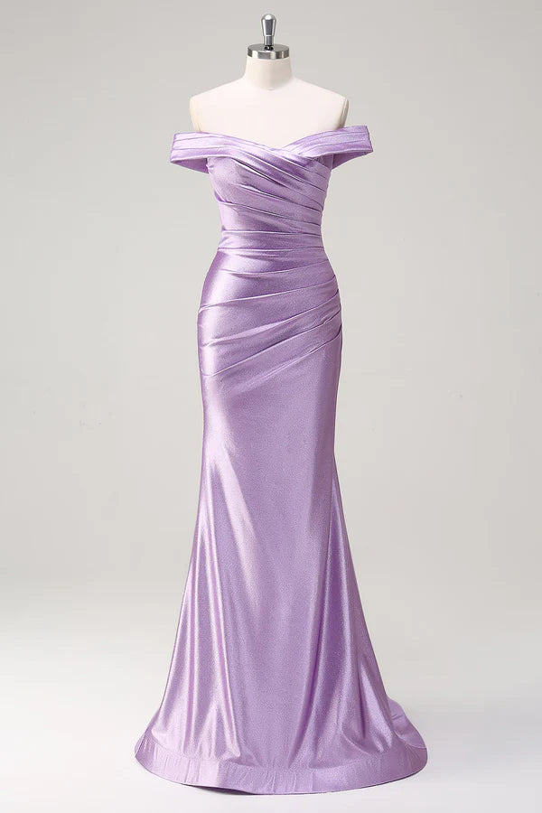 Lilac Mermaid Off the Shoulder Ruched Long Prom Dress simple gentle atmospheric and unique desi Bring summer colors to enhance whiteness