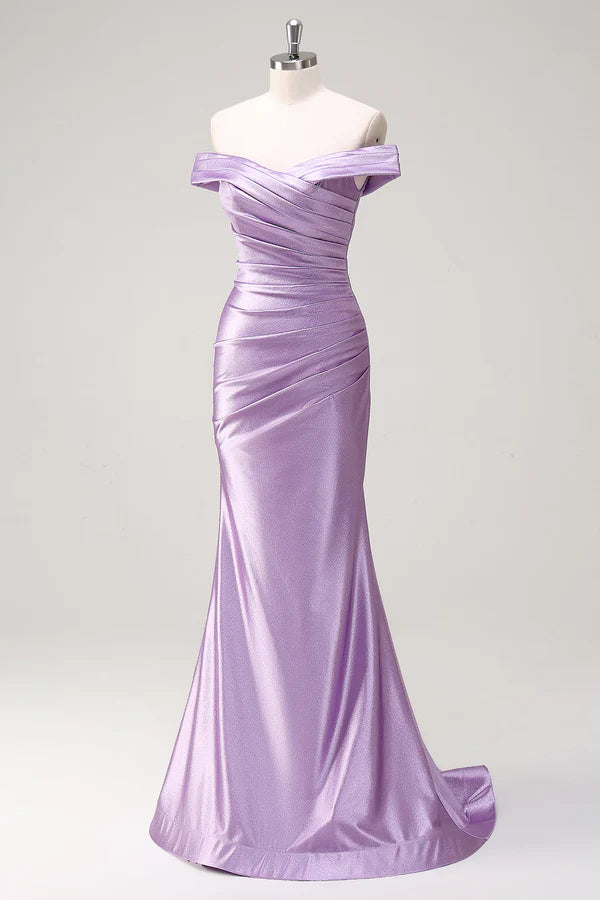 Lilac Mermaid Off the Shoulder Ruched Long Prom Dress simple gentle atmospheric and unique desi Bring summer colors to enhance whiteness