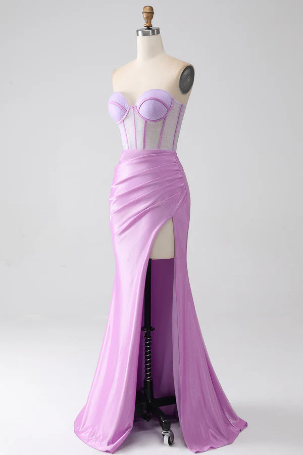 Lilac Mermaid Strapless Corset Prom Dress with Slit simple gentle atmospheric and unique desi
