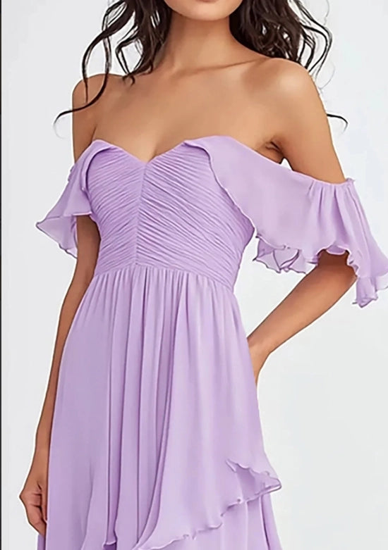 Lilac Off the Shoulder Chiffon Long Formal Dress with Ruffles simple gentle atmospheric and unique desi Bring summer colors to enhance whiteness