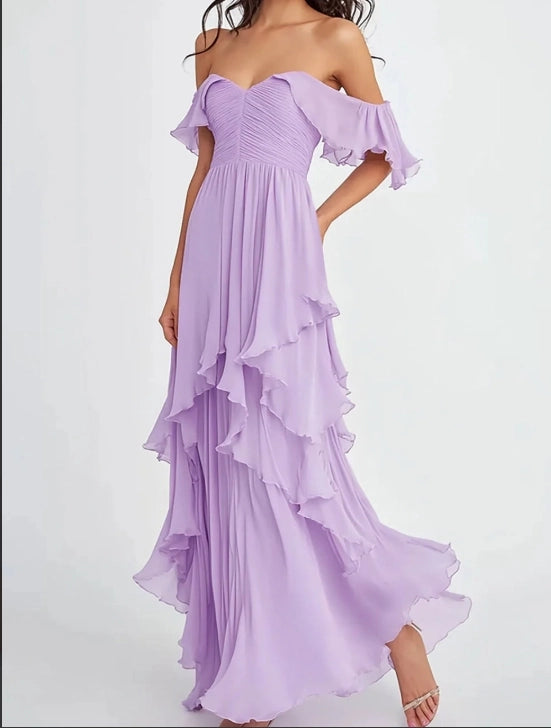 Lilac Off the Shoulder Chiffon Long Formal Dress with Ruffles simple gentle atmospheric and unique desi Bring summer colors to enhance whiteness