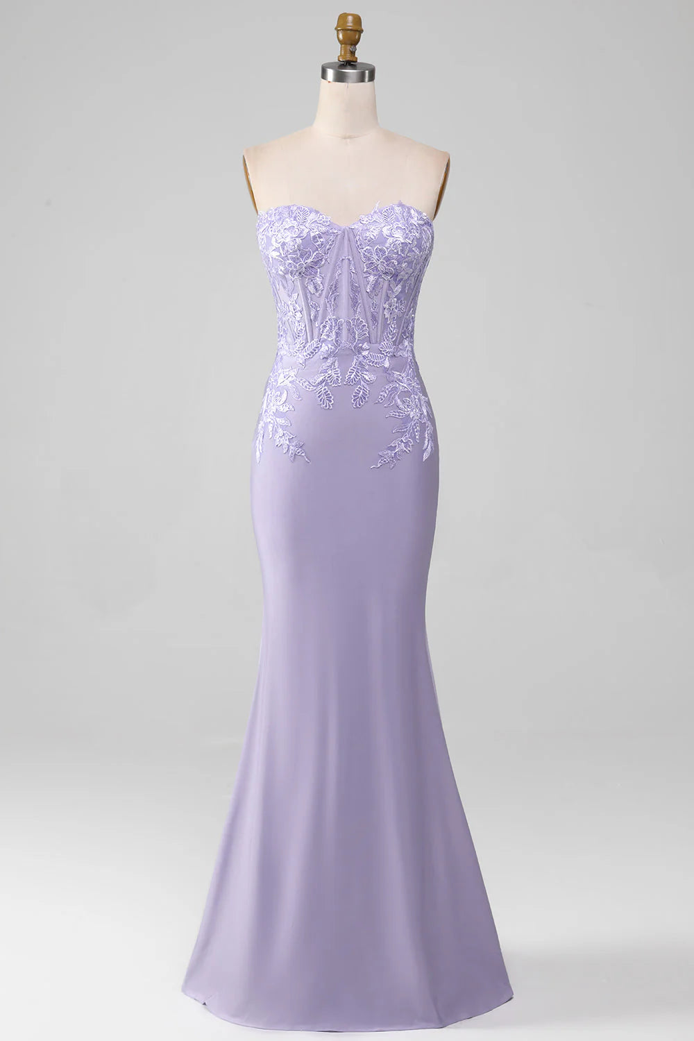 Lilac Sheath Strapless Corset Prom Dresses With Lace Appliques Simple gentle atmospheric and unique desig