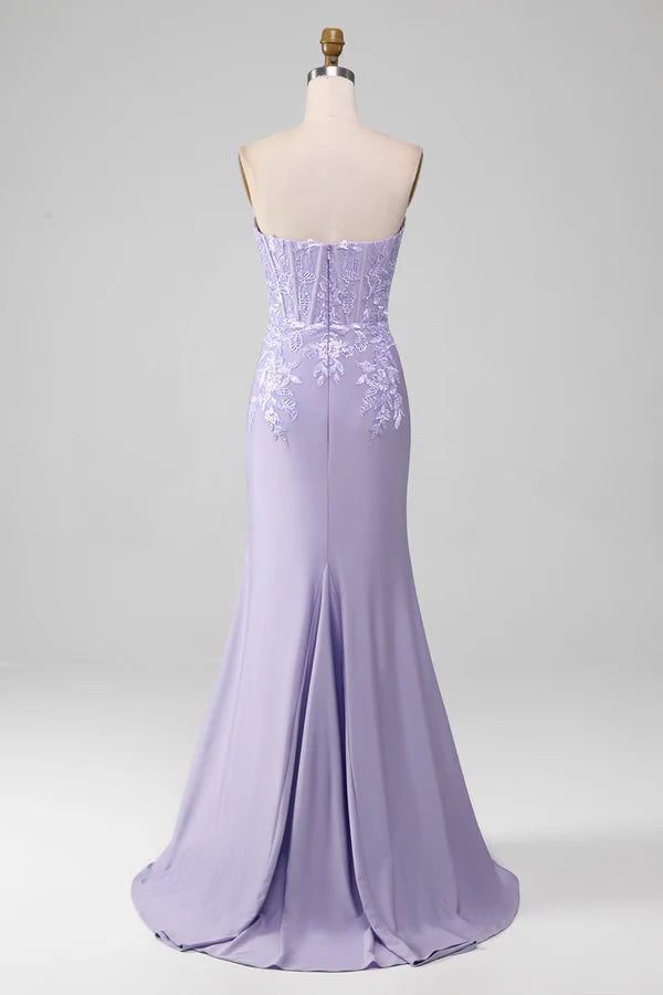 Lilac Sheath Strapless Corset Prom Dresses With Lace Appliques Simple gentle atmospheric and unique desig