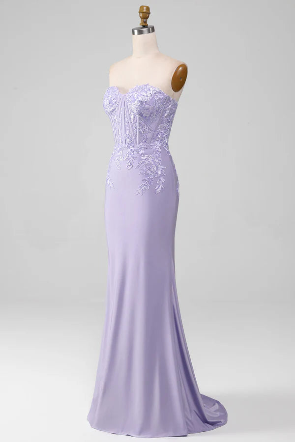 Lilac Sheath Strapless Corset Prom Dresses With Lace Appliques Simple gentle atmospheric and unique desig