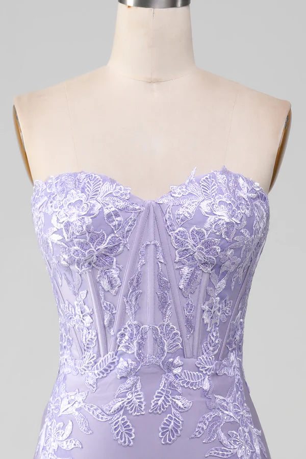 Lilac Sheath Strapless Corset Prom Dresses With Lace Appliques Simple gentle atmospheric and unique desig