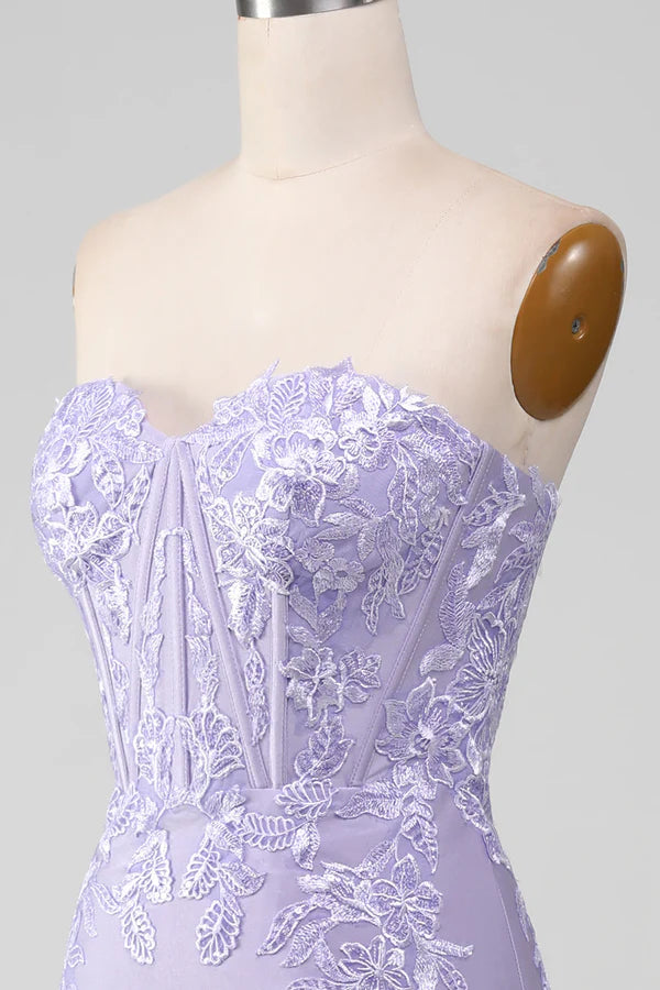 Lilac Sheath Strapless Corset Prom Dresses With Lace Appliques Simple gentle atmospheric and unique desig