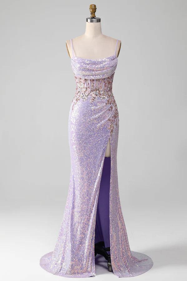 Lilac Sparkly Spaghetti Straps Mermaid Prom Dress with Slit Simple gentle atmospheric and unique desig