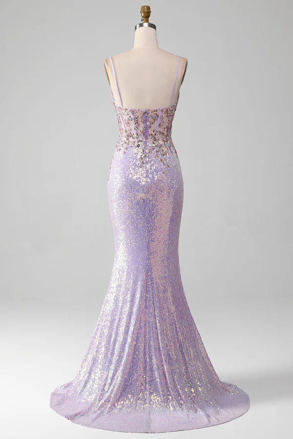Lilac Sparkly Spaghetti Straps Mermaid Prom Dress with Slit Simple gentle atmospheric and unique desig