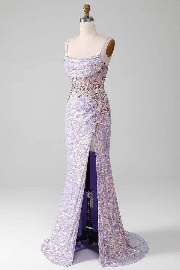 Lilac Sparkly Spaghetti Straps Mermaid Prom Dress with Slit Simple gentle atmospheric and unique desig
