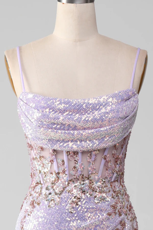Lilac Sparkly Spaghetti Straps Mermaid Prom Dress with Slit Simple gentle atmospheric and unique desig