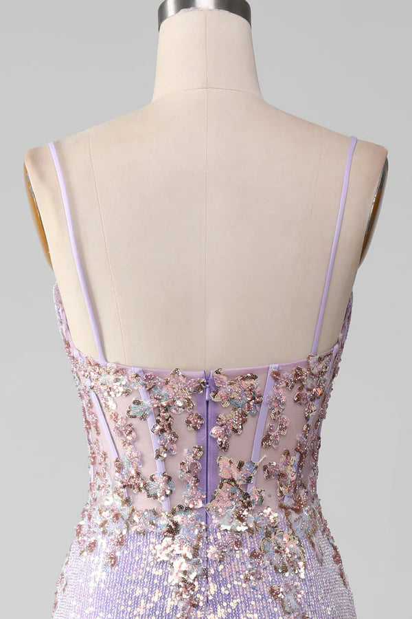 Lilac Sparkly Spaghetti Straps Mermaid Prom Dress with Slit Simple gentle atmospheric and unique desig