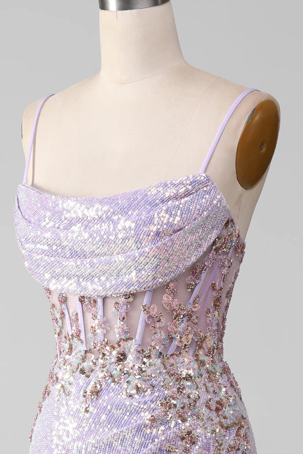 Lilac Sparkly Spaghetti Straps Mermaid Prom Dress with Slit Simple gentle atmospheric and unique desig