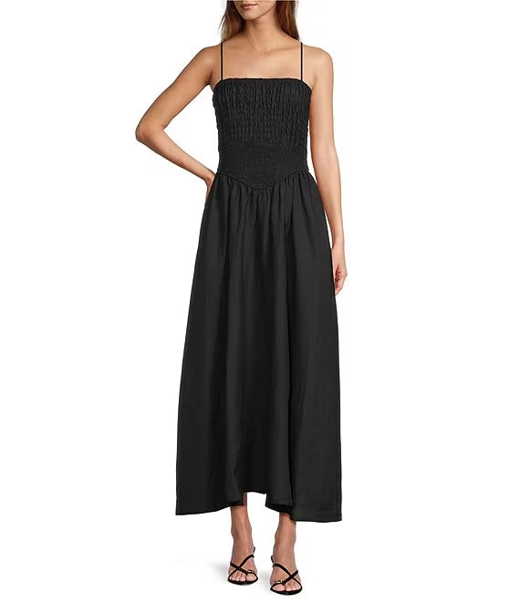 Linen Blend Square Neck Sleeveless Smocked Dress simple gentle atmospheric and unique desi Bring summer colors to enhance whiteness