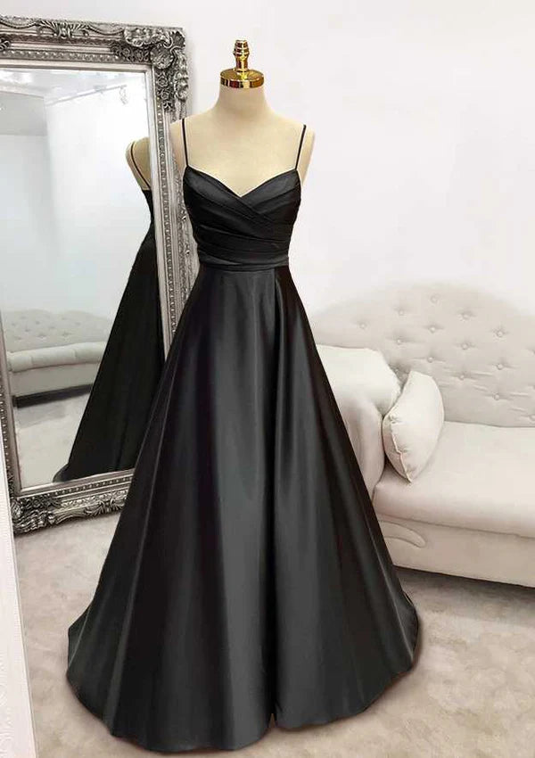 Long/Floor-Length A-Line V-Neck Satin Prom Dress/Evening Dress with Pleated Train Simple gentle atmospheric and unique design