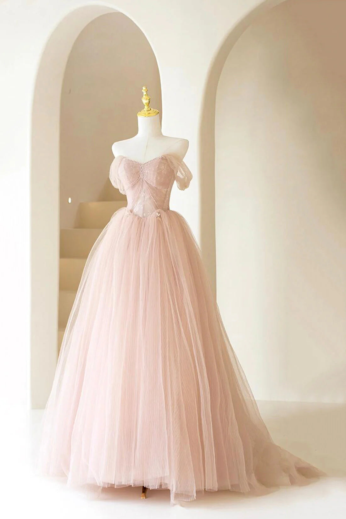 Long Formal Dress Beautiful A-Line Off Shoulder Pink Prom Dress simple gentle atmospheric and unique desi Bring summer