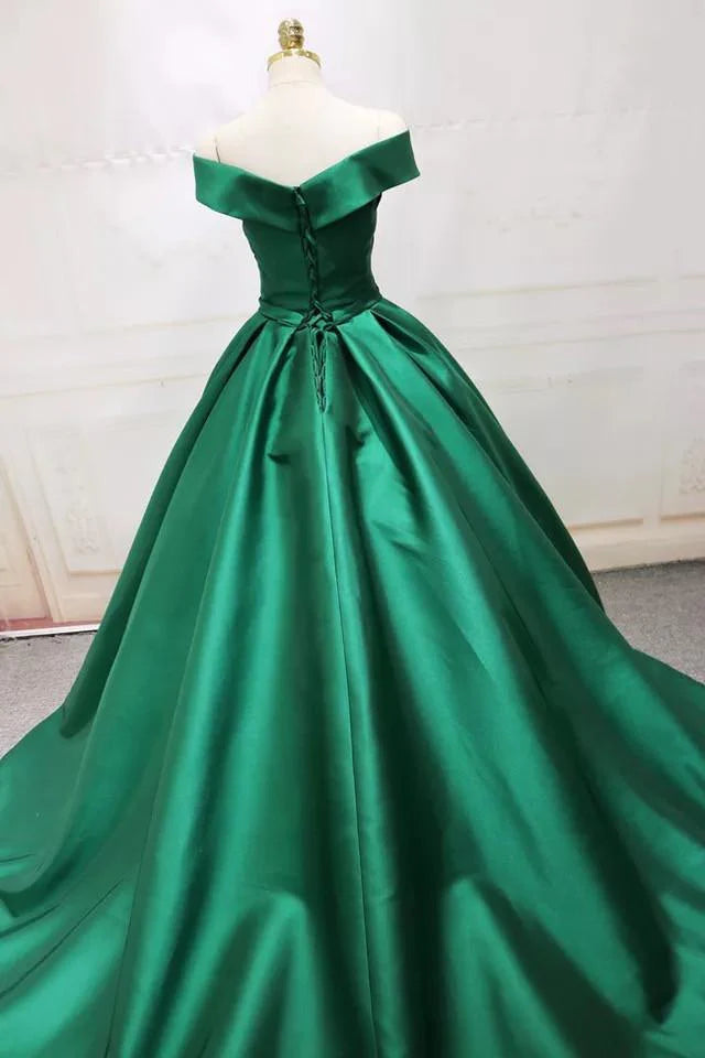 Long Green Satin V-neck Ball Gowns Prom Dresses Off The Shoulder simple gentle atmospheric and unique desi Bring summer colors to enhance whiteness