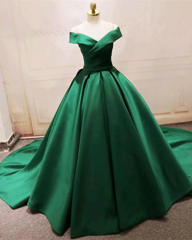 Long Green Satin V-neck Ball Gowns Prom Dresses Off The Shoulder simple gentle atmospheric and unique desi Bring summer colors to enhance whiteness