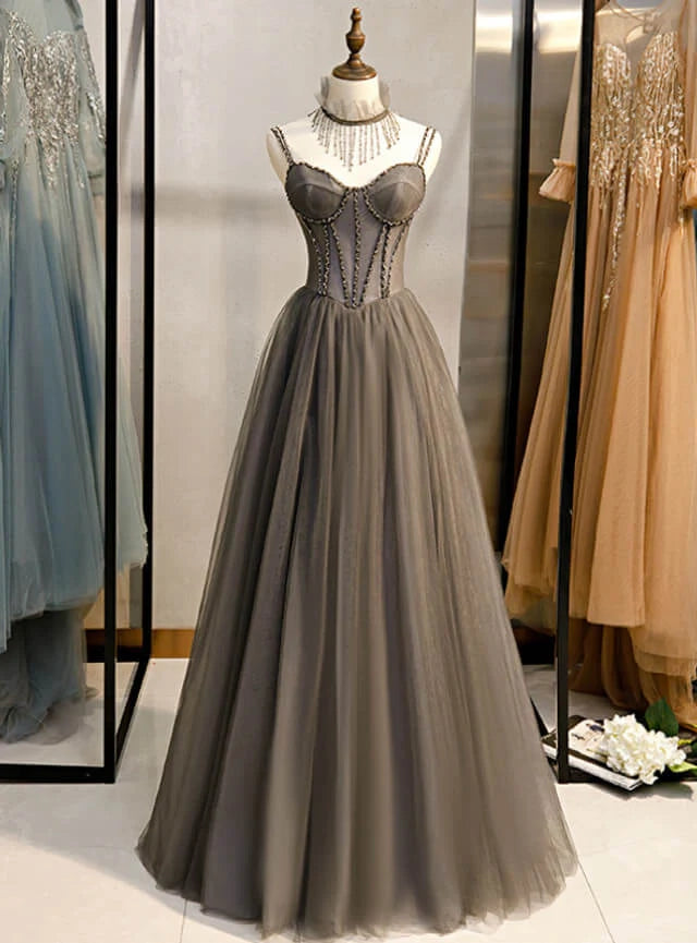 Long Grey Tulle Prom Dress Corset With Beaded Neck A Line simple gentle atmospheric and unique desi Bring summer colors to enhance whiteness