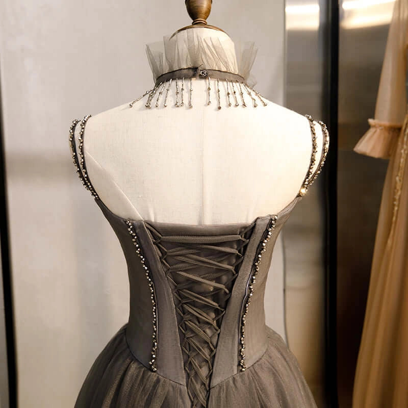 Long Grey Tulle Prom Dress Corset With Beaded Neck A Line simple gentle atmospheric and unique desi Bring summer colors to enhance whiteness