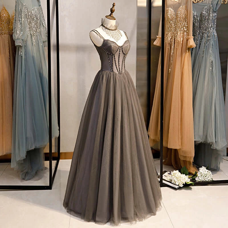 Long Grey Tulle Prom Dress Corset With Beaded Neck A Line simple gentle atmospheric and unique desi Bring summer colors to enhance whiteness