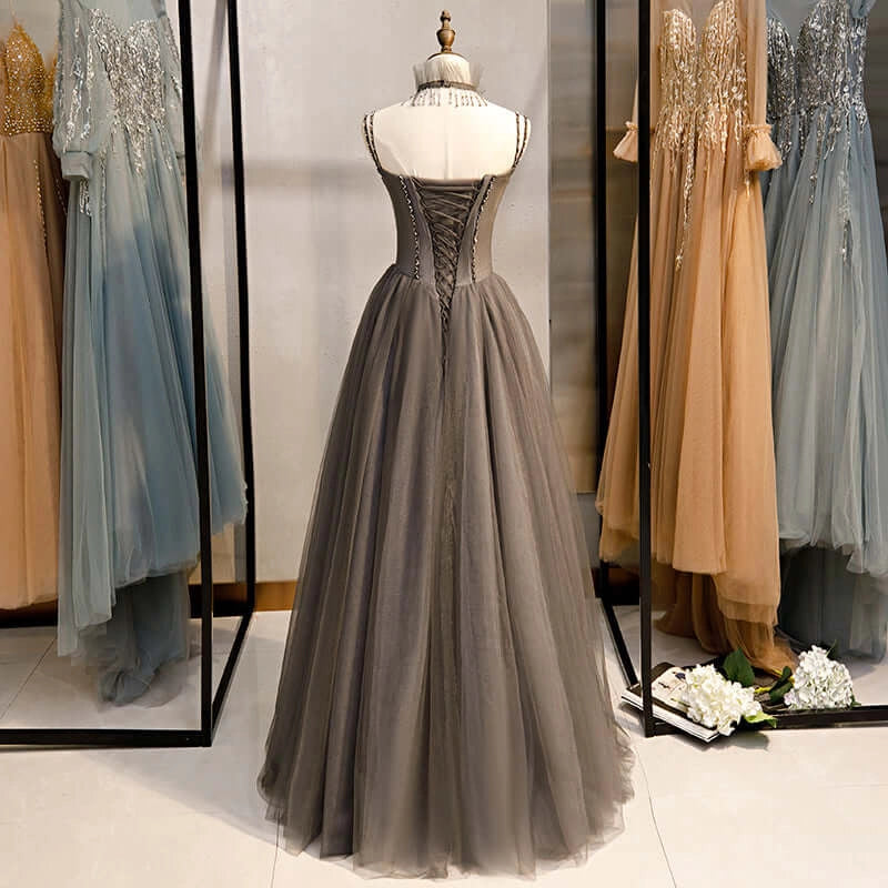 Long Grey Tulle Prom Dress Corset With Beaded Neck A Line simple gentle atmospheric and unique desi Bring summer colors to enhance whiteness