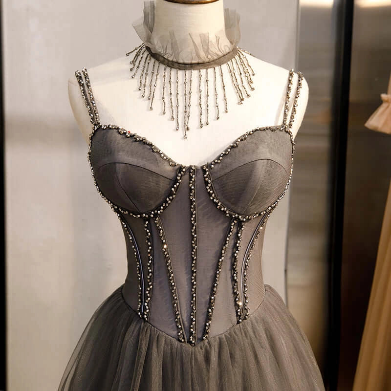 Long Grey Tulle Prom Dress Corset With Beaded Neck A Line simple gentle atmospheric and unique desi Bring summer colors to enhance whiteness