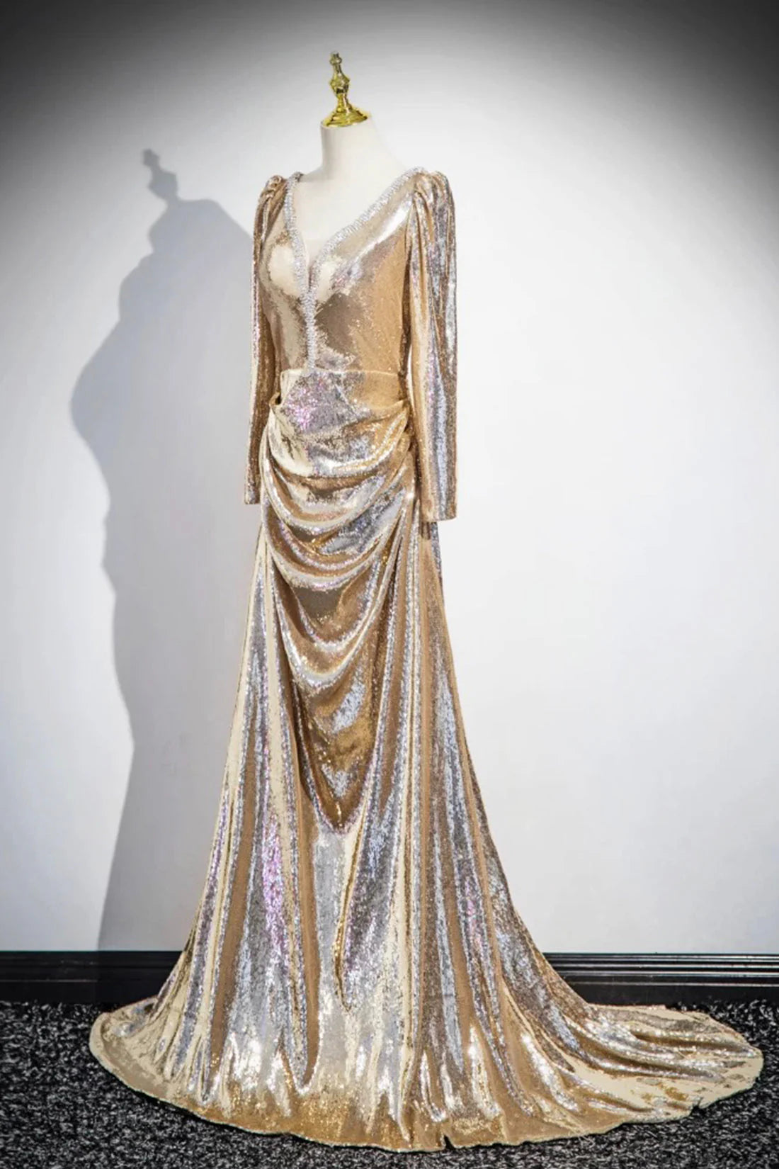 Long Prom Dress Shiny V-Neck Long Sleeve Evening Party Dress simple gentle atmospheric and unique desi Bring summer