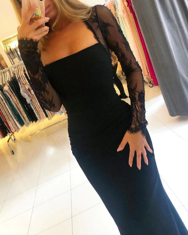 Long Sleeves Black Mermaid Prom Dress Long With Lace Simple gentle atmospheric and unique design