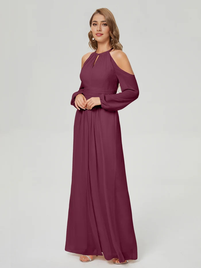 Long Sleeves Column Chiffon Bridesmaid Dress simple gentle atmospheric and unique desi Bring summer colors to enhance whiteness