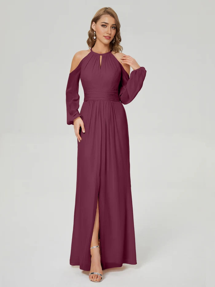 Long Sleeves Column Chiffon Bridesmaid Dress simple gentle atmospheric and unique desi Bring summer colors to enhance whiteness