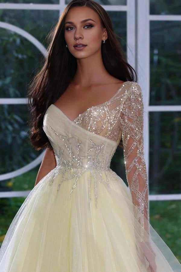Long Sleeves Daffodil Prom Dress Tulle With Sequins Beads Simple gentle atmospheric and unique design