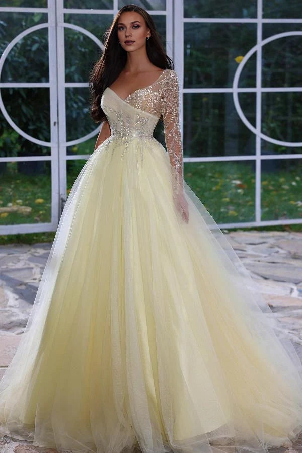 Long Sleeves Daffodil Prom Dress Tulle With Sequins Beads Simple gentle atmospheric and unique design