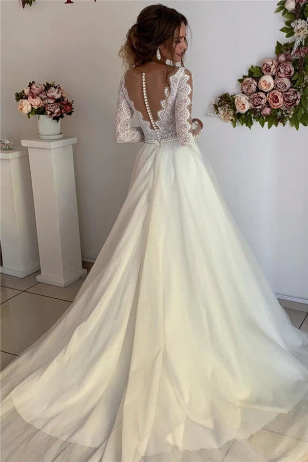 Long Sleeves Lace Wedding Dress With Pearls Simple gentle atmospheric and unique design