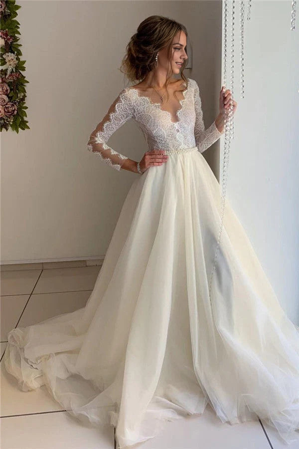 Long Sleeves Lace Wedding Dress With Pearls Simple gentle atmospheric and unique design