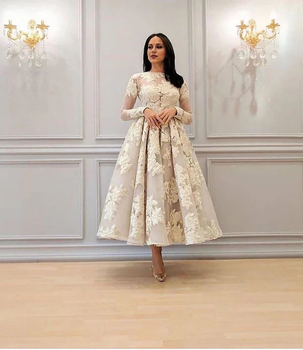 Long Sleeves Prom Dress Appliques Tea-Length Simple gentle atmospheric and unique design