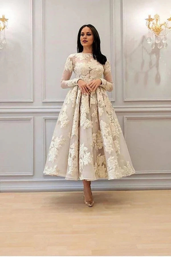 Long Sleeves Prom Dress Appliques Tea-Length Simple gentle atmospheric and unique design