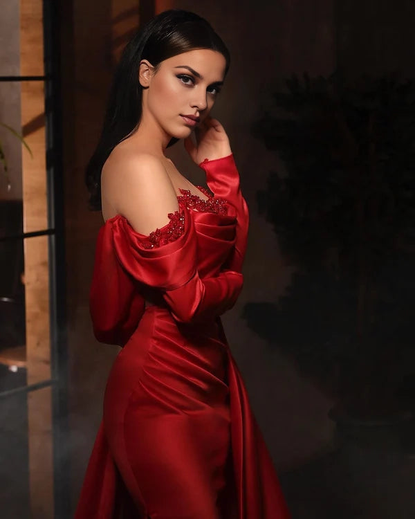 Long Sleeves Red Mermaid Prom Dress With Slit Off-the-Shoulder Simple gentle atmospheric and unique design