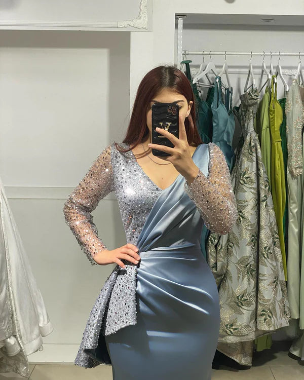 Long Sleeves V-Neck Mermaid Floor-Length Pleated Satin Prom Dress Evening Dress with Beads