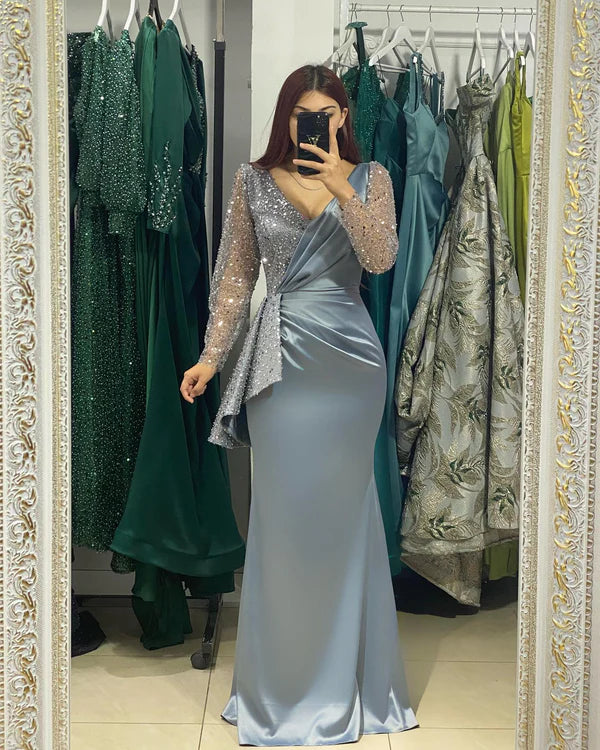Long Sleeves V-Neck Mermaid Floor-Length Pleated Satin Prom Dress Evening Dress with Beads