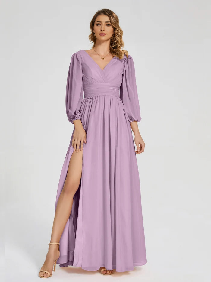 Long Sleeves V-neck Bridesmaid Dress with Side Slit simple gentle atmospheric and unique desi Bring summer colors to enhance whiteness