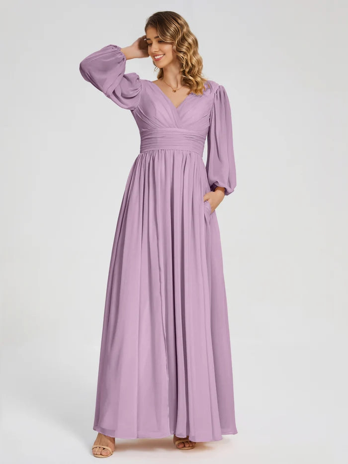 Long Sleeves V-neck Bridesmaid Dress with Side Slit simple gentle atmospheric and unique desi Bring summer colors to enhance whiteness
