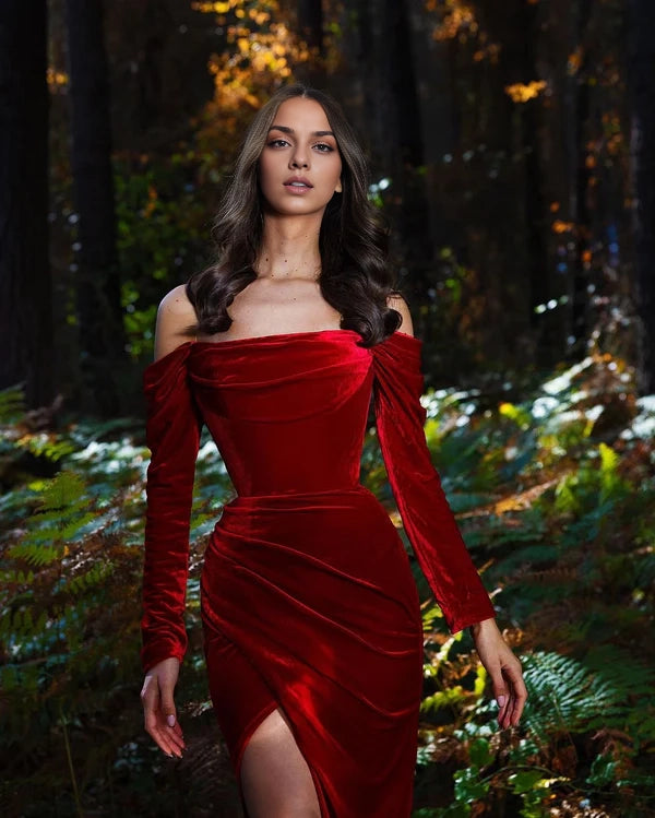 Long Sleeves Velvet Prom Dress Slit Off-the-Shoulder Simple gentle atmospheric and unique design