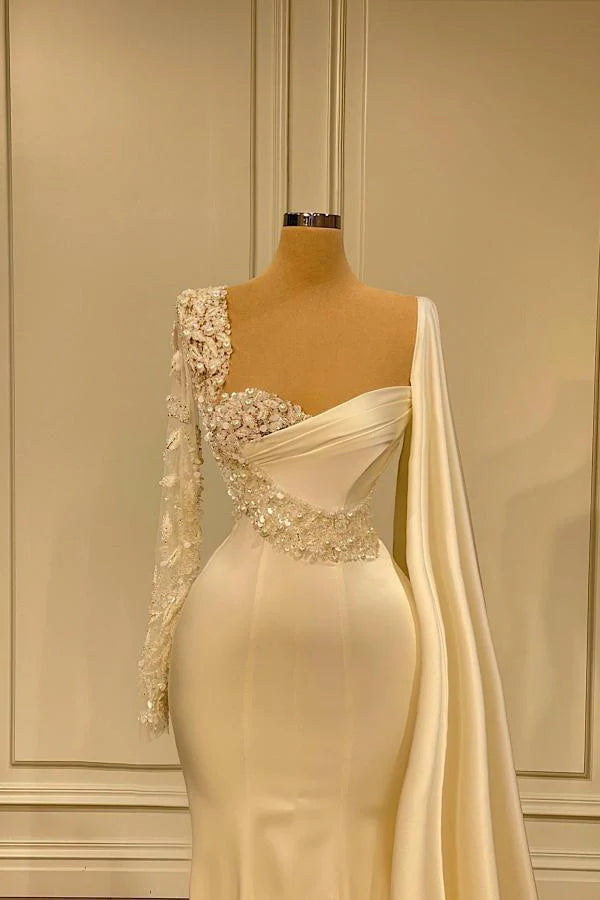 Long Sleeves Mermaid Evening Gowns Beadings With Ruffle Simple gentle atmospheric and unique design